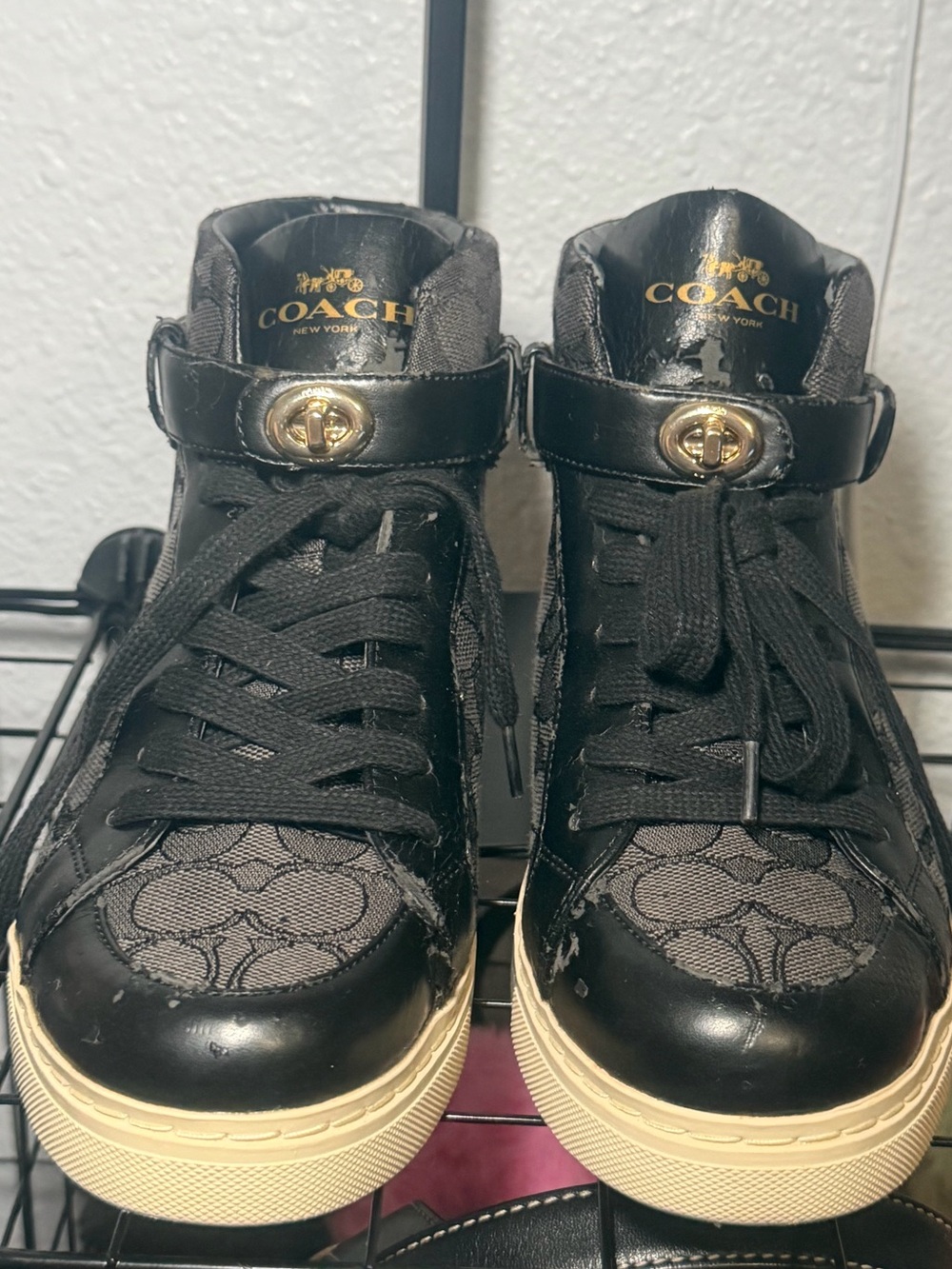 Coach RAY High Top Sneakers Q7838 Black Signature Turnlock Size 8B